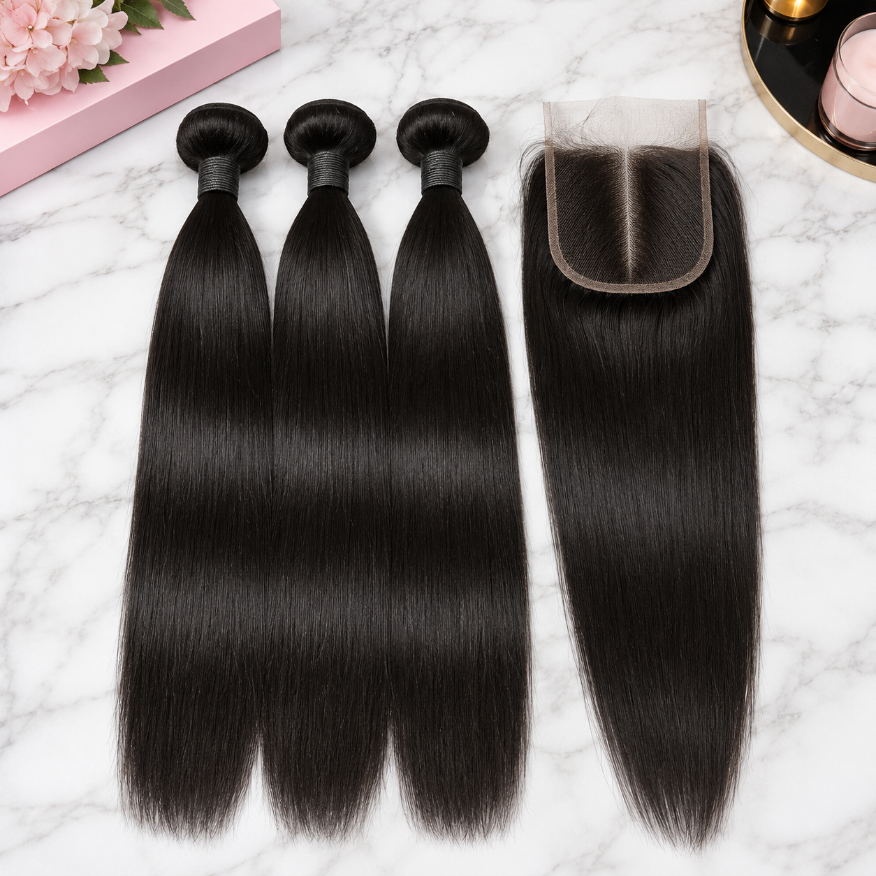 Double Drawn Straight Human Hair Bundle Deal with 13x Closure - 24 Inch x3 Bundles + 13x Closure
