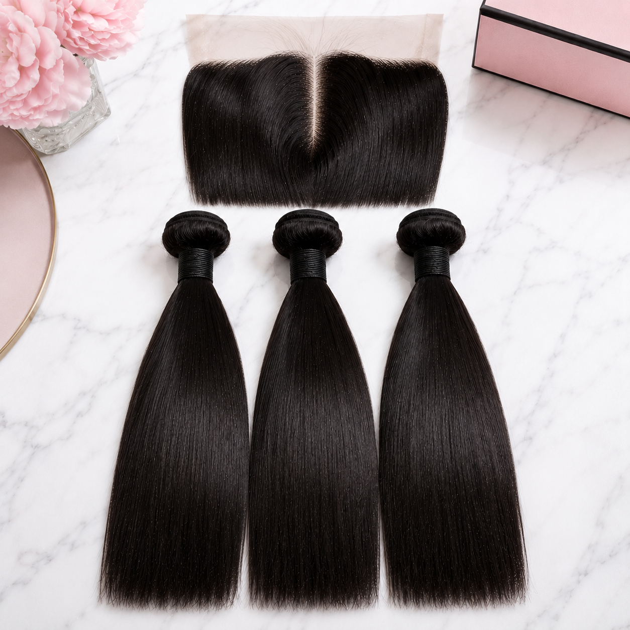 Double Drawn Straight Human Hair Bundle Deal with 13x Closure - 16 Inch x3 Bundles + 13x Closure